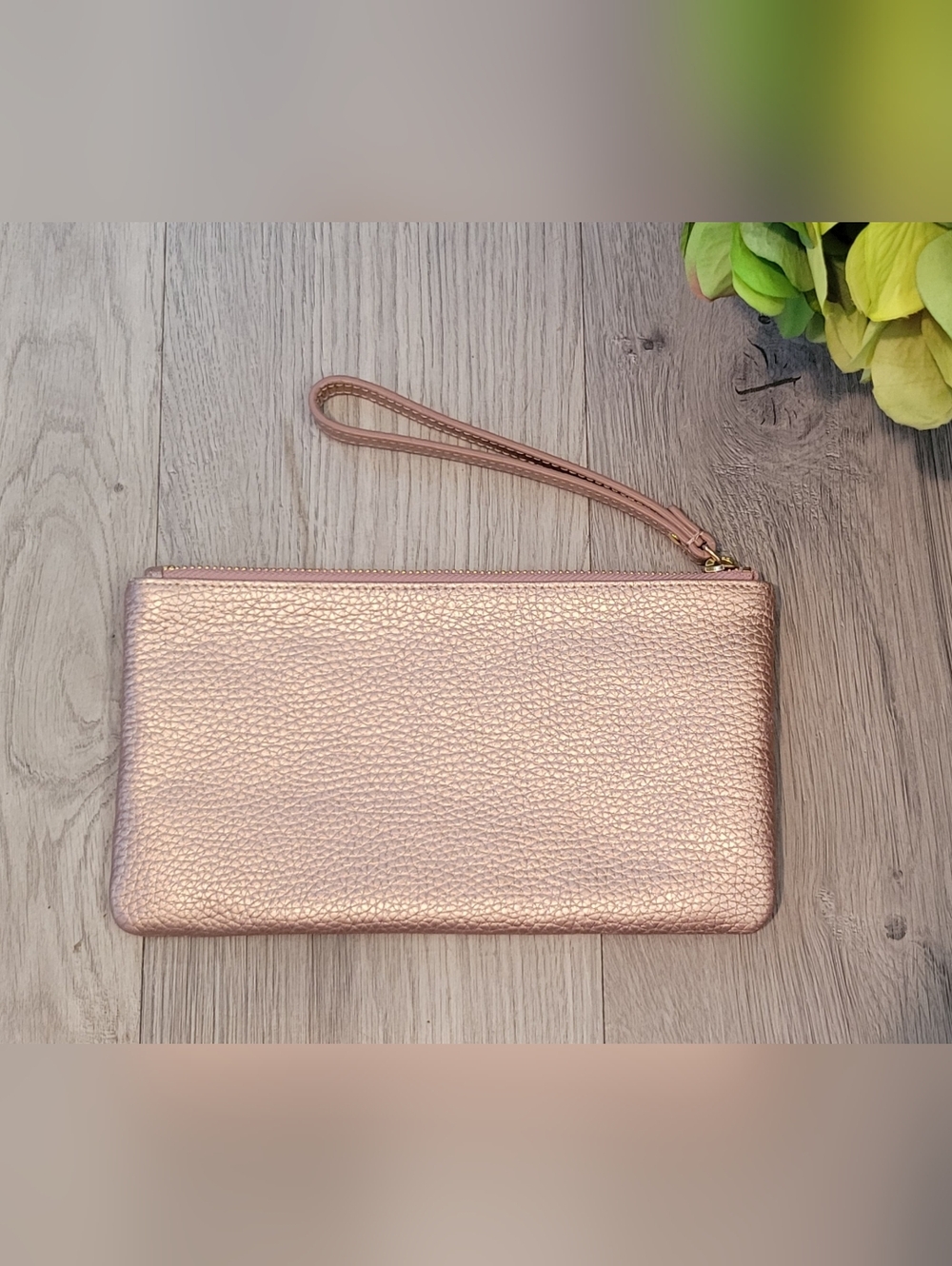 14th & Union Metallic Rose Gold Pebble Leather Wristlet Gold Accents, 8.5"x4.5" - Picture 2 of 15